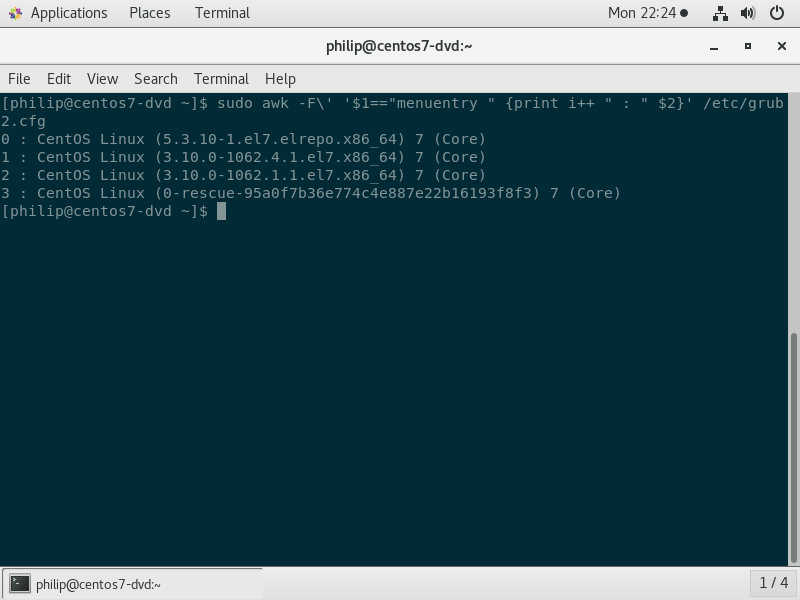Figure 15 - the different versions of the kernel as shown in figure 14 but after package-cleanup --oldkernels has been executed